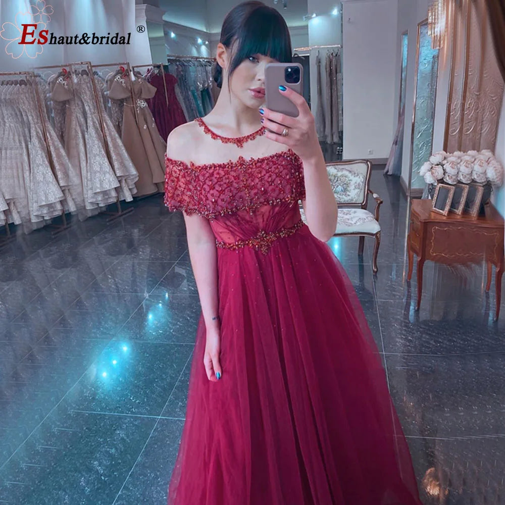 Luxury O-Neck Crystal Handmade Sleeveless Aline Sequin Long Formal Evening Dress