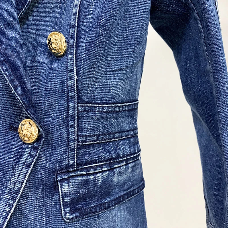 Metal Lion Buttons Double Breasted Denim Blazer