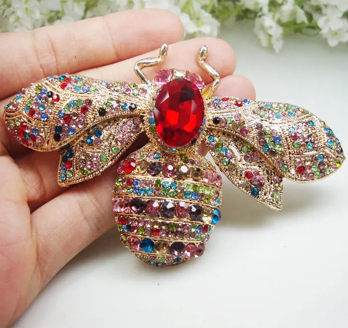 Vintage Bee Insect Gold Tone Brooch Multi-color Austrian Crystal