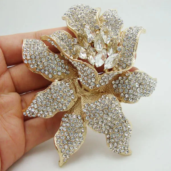 Orchid Flower Clear Rhinestones Crystal Bride Wedding Brooch Pin