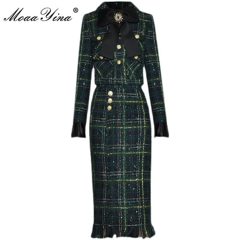 Winter Plaid Tweed Skirts Suit Two Pieces Set