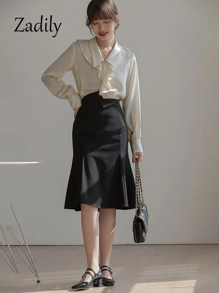 Korean Style Ruffless Solid Elegant Blouse