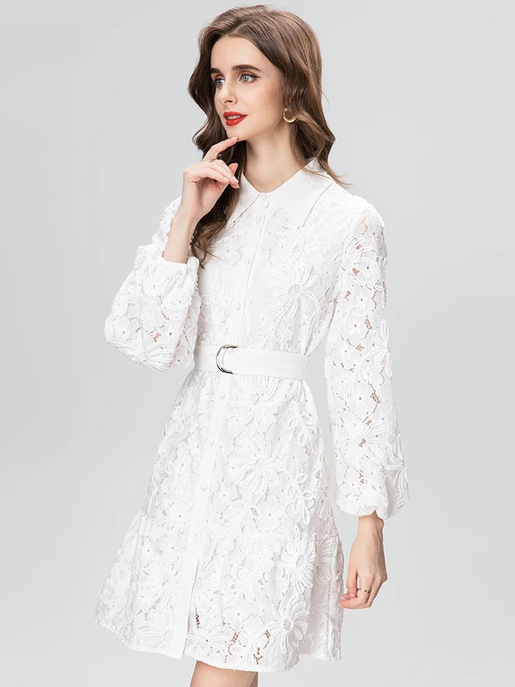 White Lace Lantern Sleeve Embroidery Belt Vintage Single Breasted Mini Dress