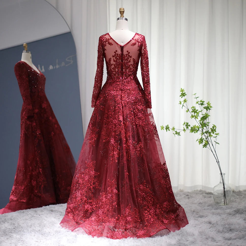 Embroidery Floor-Length V-neck Long Sleeves Illusion Evening Dress