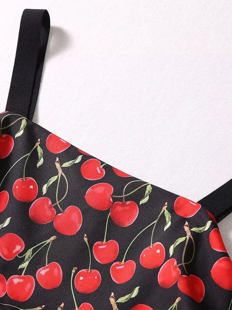 Backless Spaghetti Strap Sleeveless Cherry Print Midi Dress