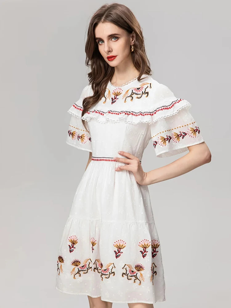 O-Neck Short Sleeve Embroidery Ruffle Indie Folk Mini Dress
