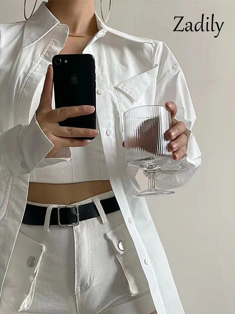 White Minimalist Pocket Button-Up Ladies Tunic Blouse