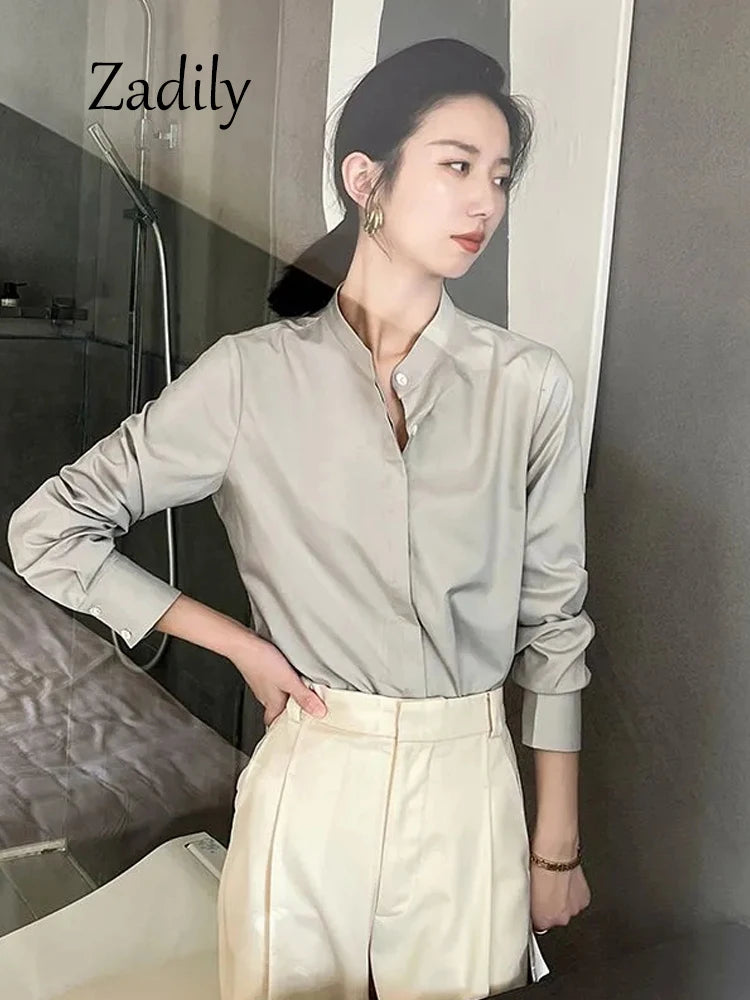 Minimalist Button-Up Stand Neck Solid Blouse