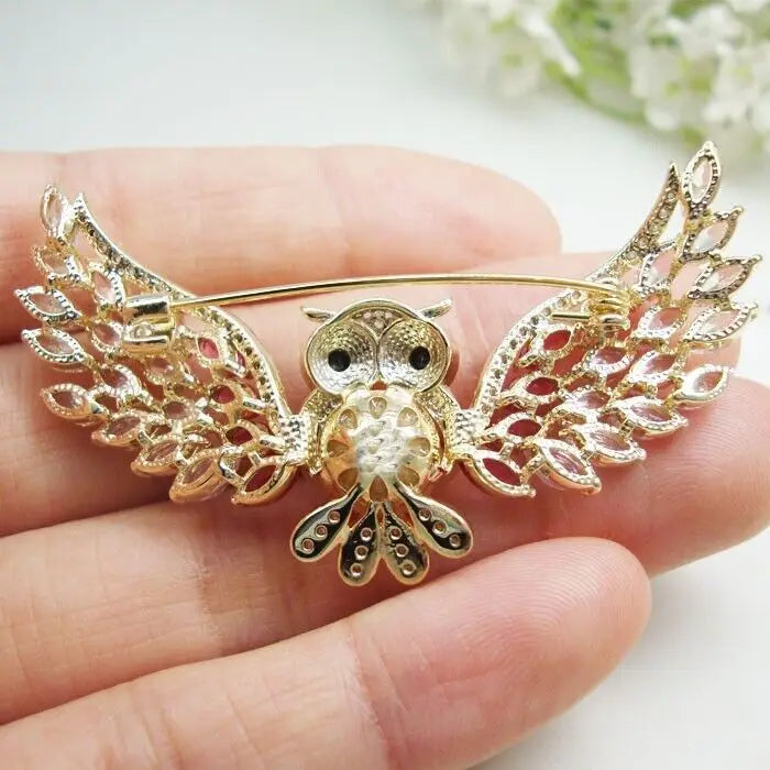 Charming Owl Bird Pink Zircon Crystal Gold Tone Brooch Pin Pearl Jewelry