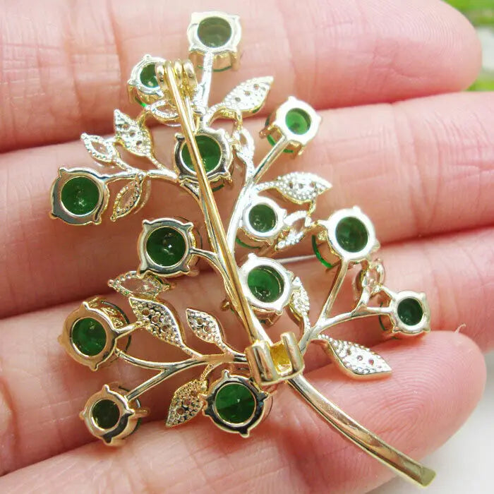 Luxurious Woman's Green Zircon Crystal Flower Brooch Pin