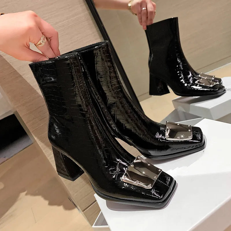 High Quality Real Leather Square Thick High Heel Leather Boots