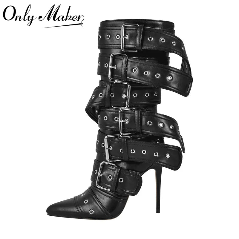 Pointed Toe Mid-Calf Boots Buckle Strap  Boots