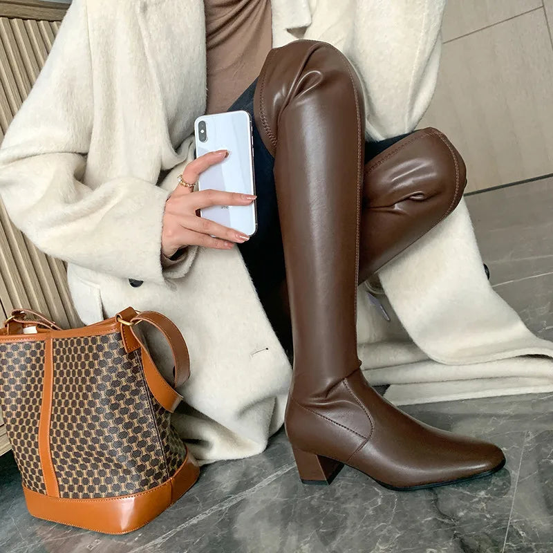 Over Knee Boots Genuine Leather Simple Square Boots Thigh Boots