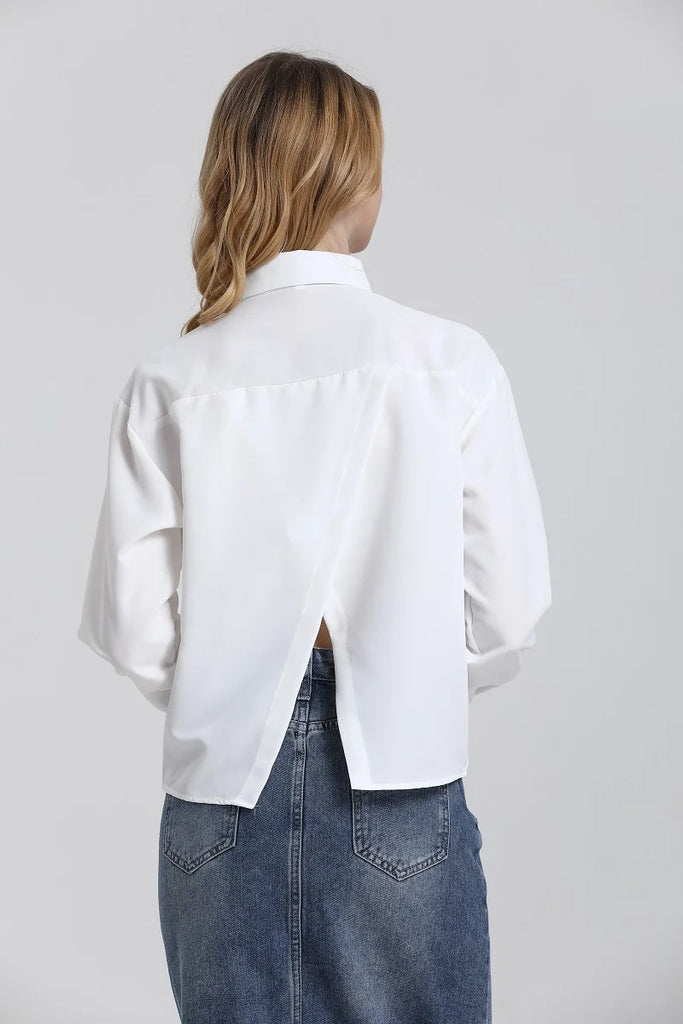 White Crop Style Button Up Irregular Split Blouse