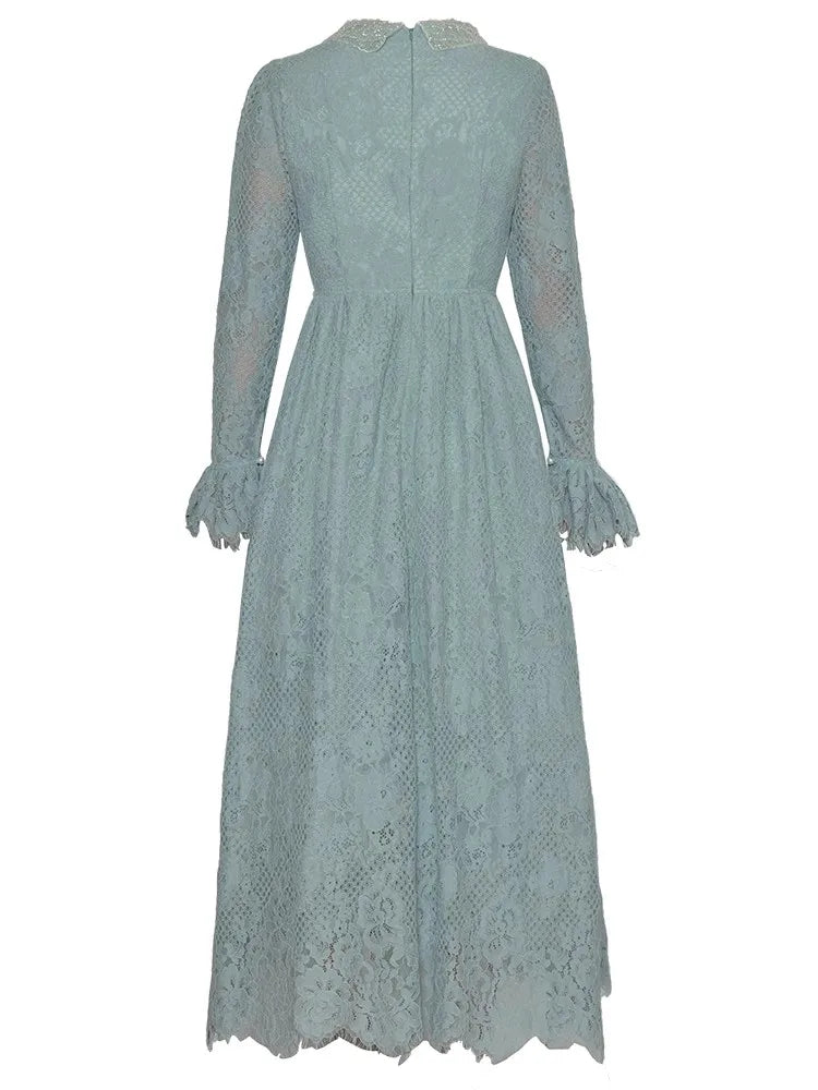 Blue Lace Peter Pan Collar Flare Sleeve Vintage Long Midi Dress