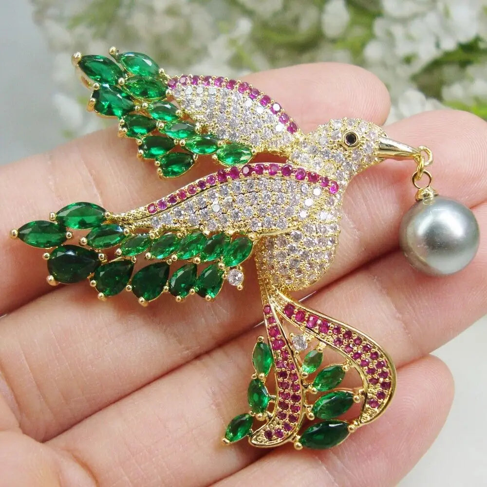Luxury Multicolour Hummingbird Bird Gold Tone Brooch Pin Pearl Zircon Crystal Pendant