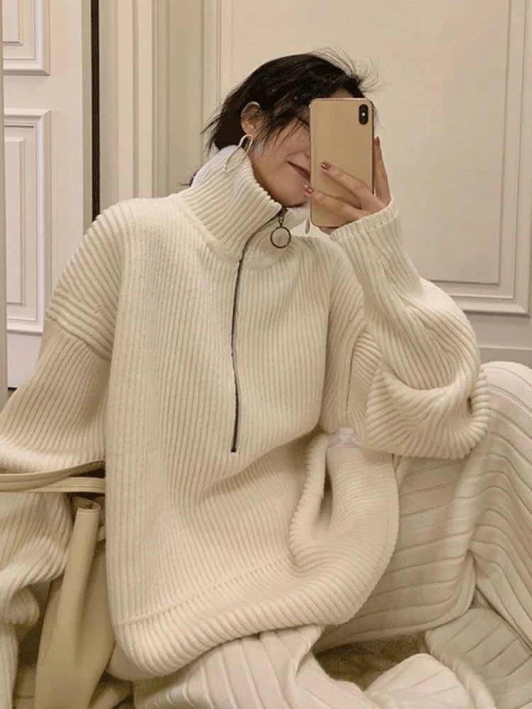 White Elegant Knitted High Waist  Two-Piece Sweaters Set