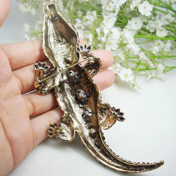 Vintage Multi-color Crocodile Animal Men Pendant Brooch Pin Rhinestone Crystal