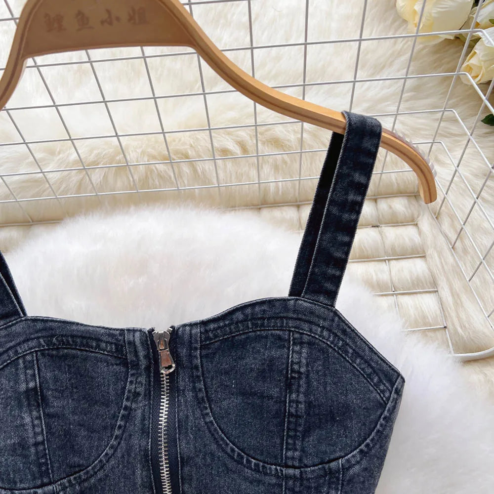 Beach Style 2pcs Sets Spaghetti Strap Denim Tops+High Waist Jeans Shorts