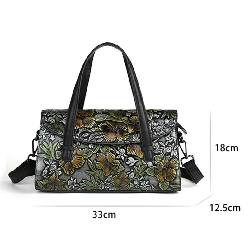 Retro Handmade Embossed Shoulder Bag Versatile Large Capacity Cowhide Crossbody Bags