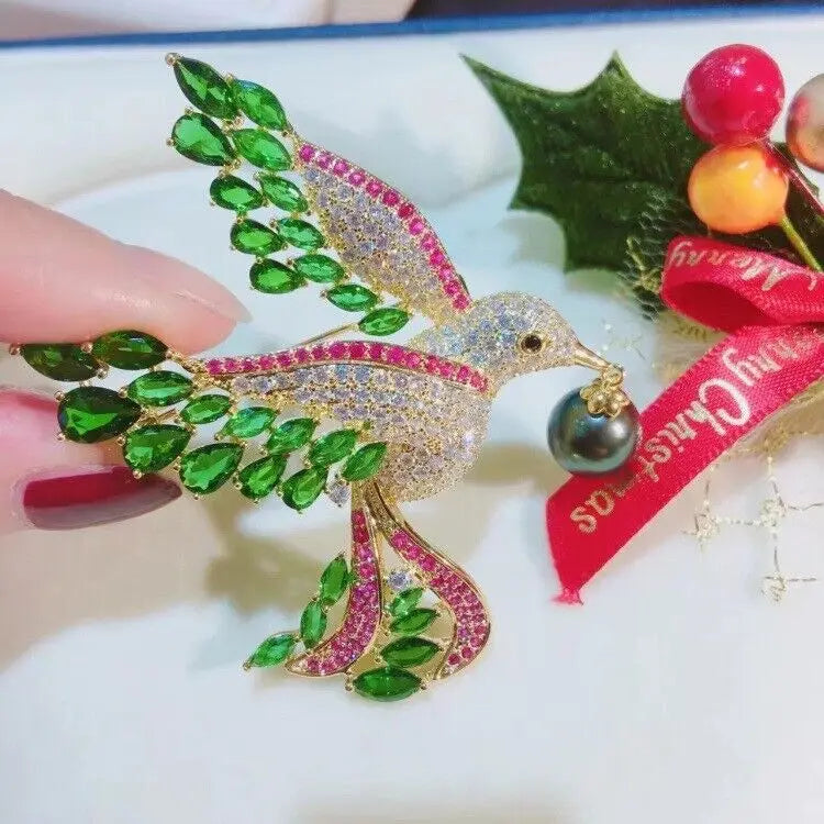Luxury Multicolour Hummingbird Bird Gold Tone Brooch Pin Pearl Zircon Crystal Pendant
