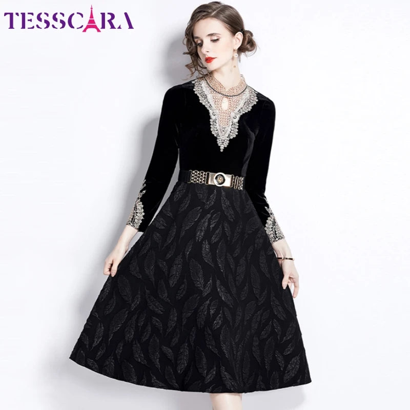 Black Elegant Velvet Jacquard Cocktail Midi Dress
