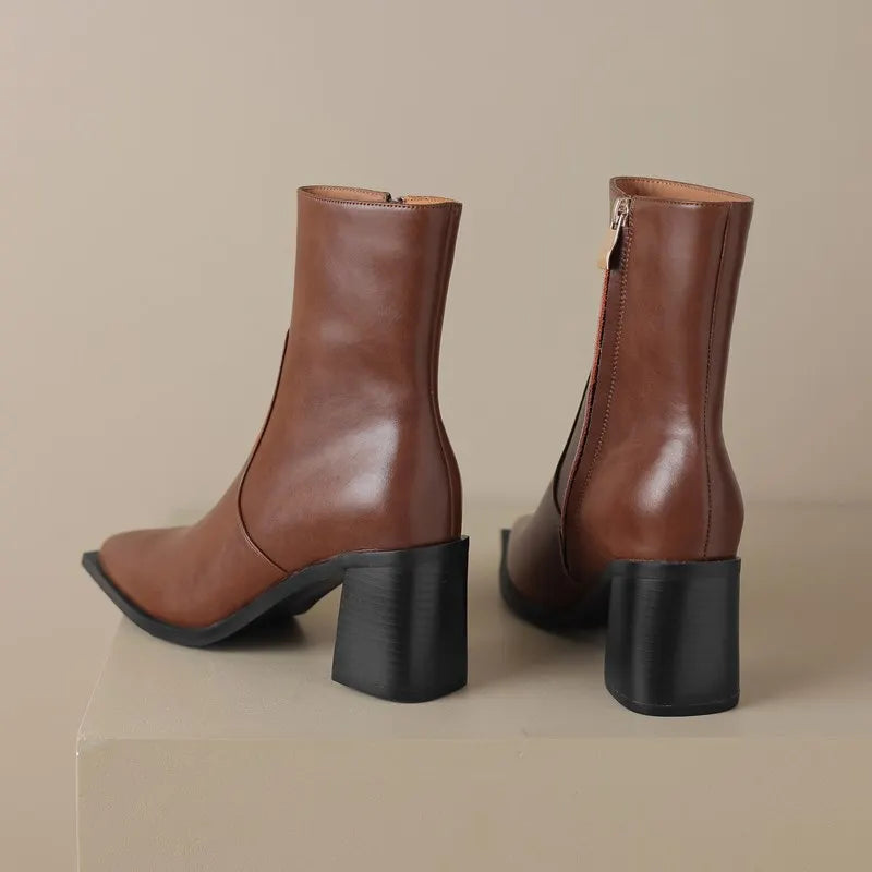 Genuine Leather Boots Women Pointed Toe Chunky High Ankle Boots