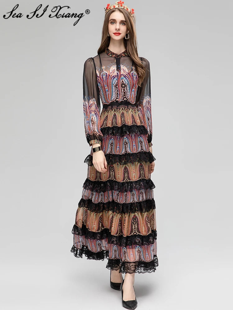Vintage Lantern Sleeve Lace Ruffle Print Maxi Dress