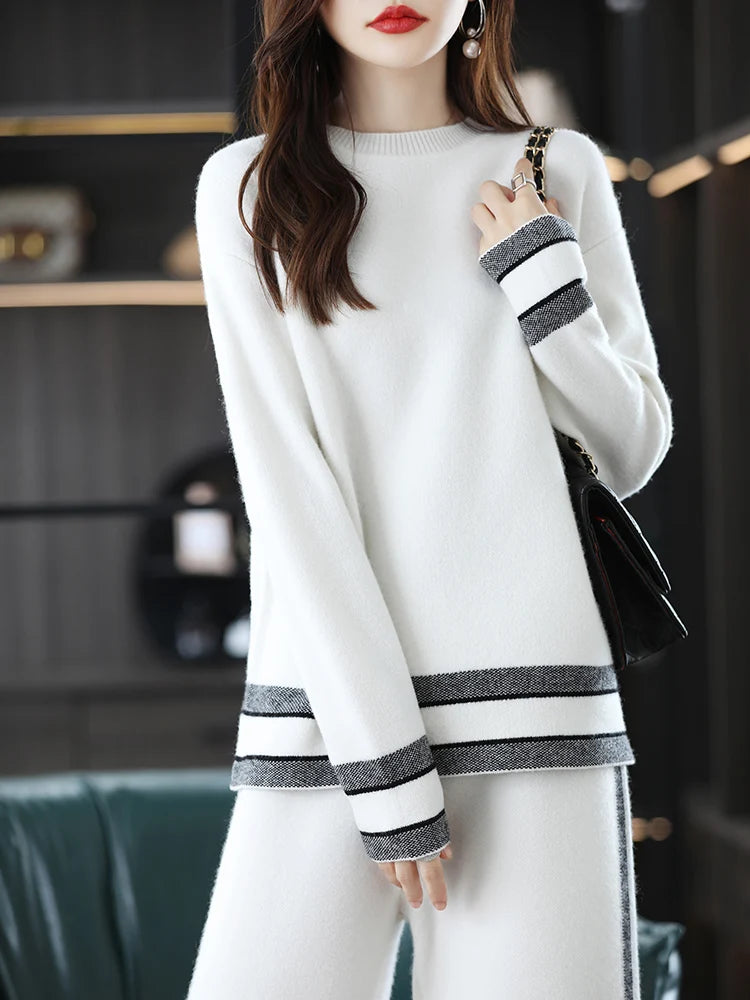 Winter Wool Knitted Two-Piece Thick Round Neck Sweater
