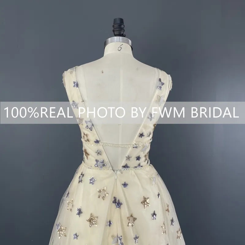 Shiny Stars Tulle V-neck Backless Wedding Bridal Gown