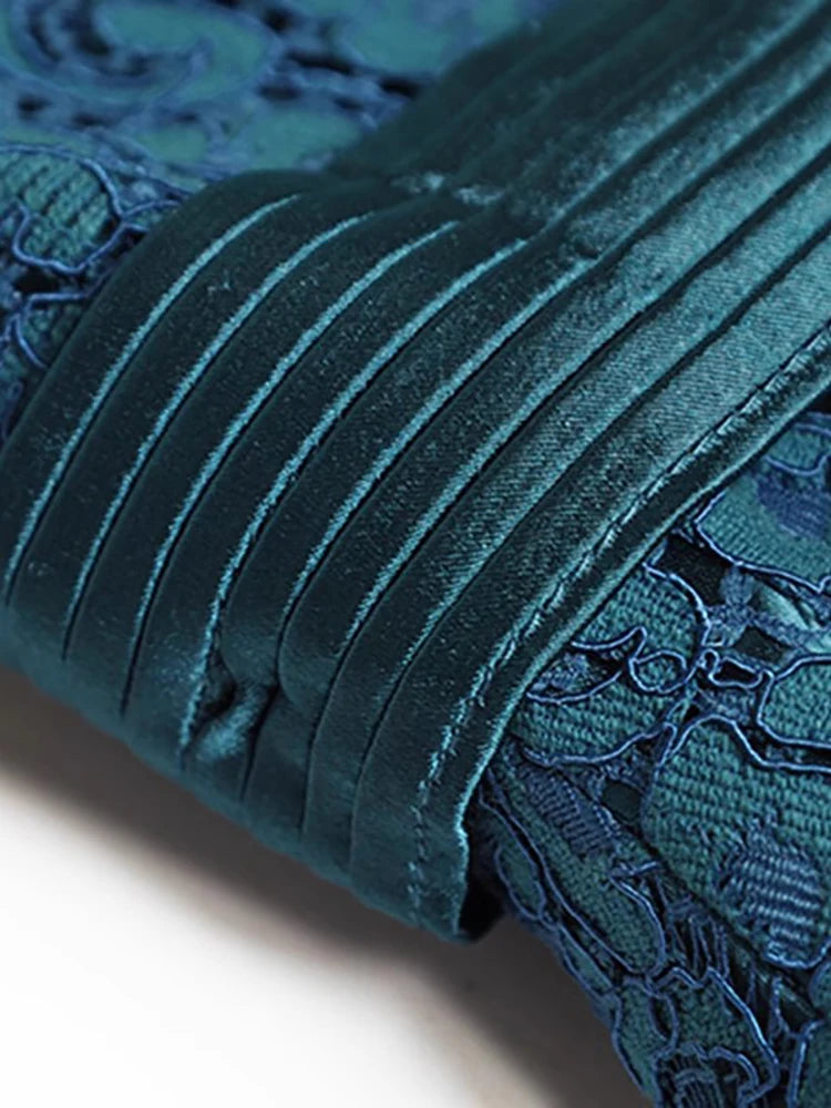 Blue Embroidery Long Sleeve Beaded Lace Midi Dress