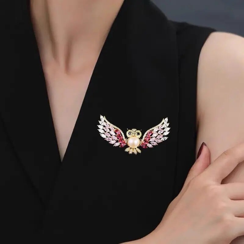 Charming Owl Bird Pink Zircon Crystal Gold Tone Brooch Pin Pearl Jewelry