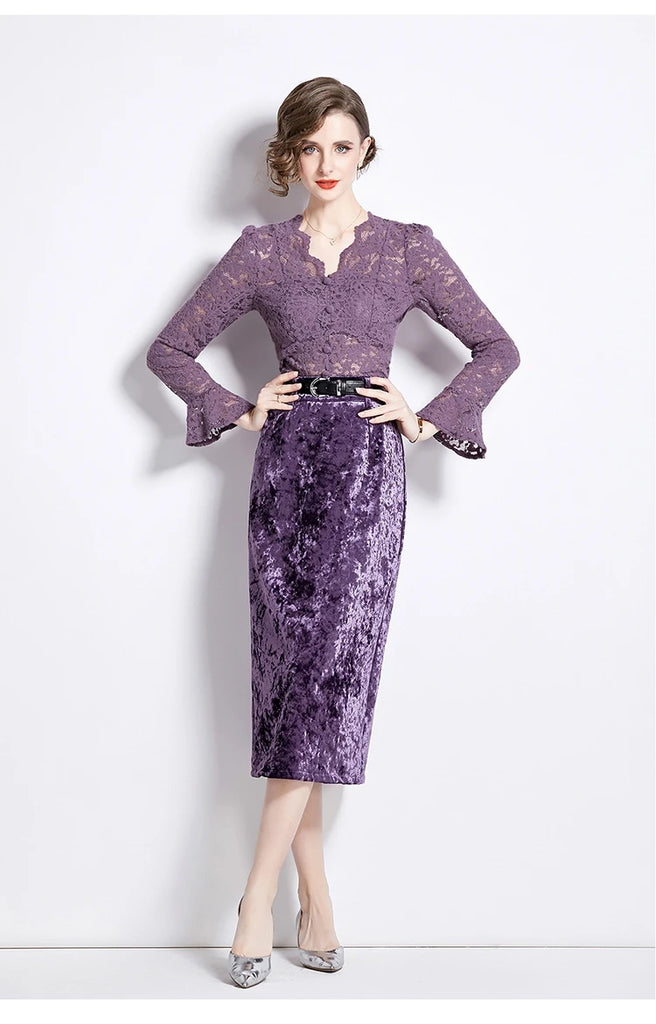 Elegant Lace & Velvet Dress Suit Set