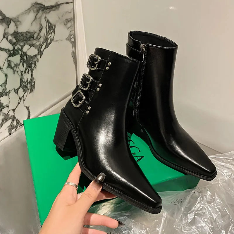 Genuine Leather Pointed Skull Buckle Heel ankle Boots