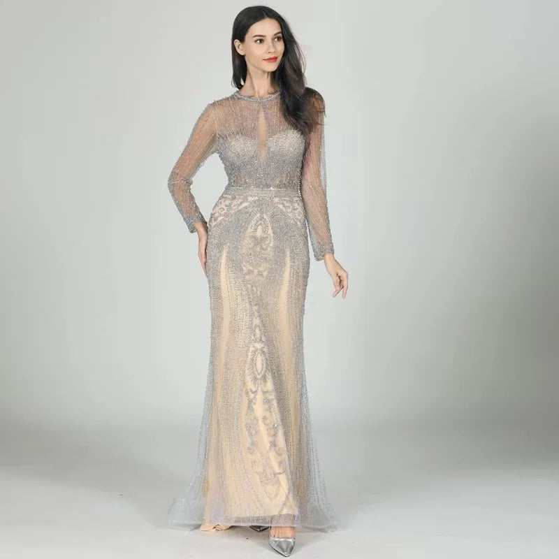Sequin Luxury O-Neck Full Diamond Mermaid Formal Evening Dress