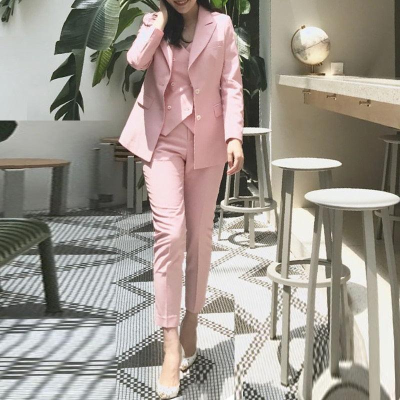 Pink Elegant Blazer+Vest+Pants Three Piece Set - TeresaCollections