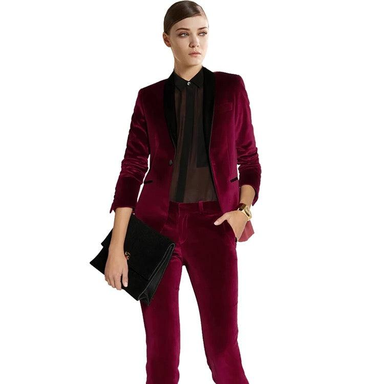 Wine Red Velvet Women Tuxedos Formal Pant Suits - TeresaCollections