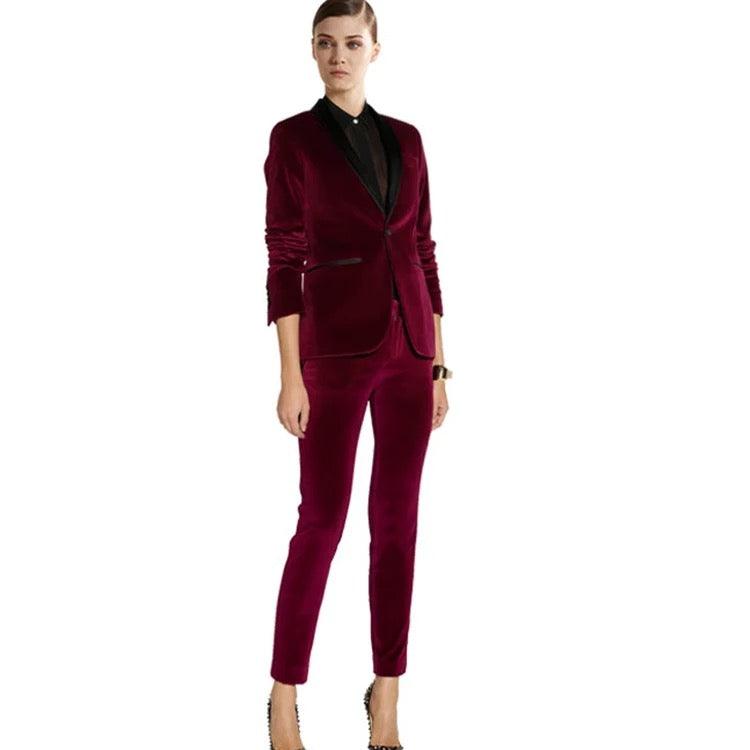 Wine Red Velvet Women Tuxedos Formal Pant Suits - TeresaCollections