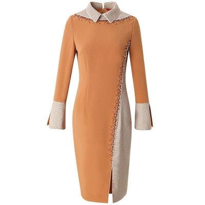 Orange A-line Long Sleeves Beaded Vintage Dress - TeresaCollections