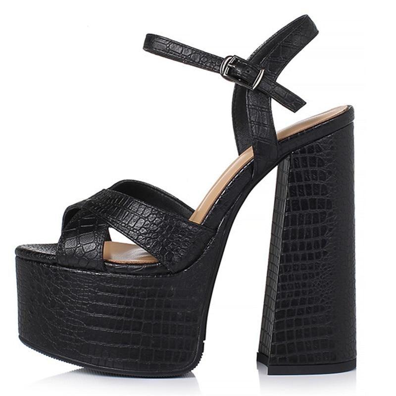 Black genuine leather buckle sexy platform sandals - TeresaCollections
