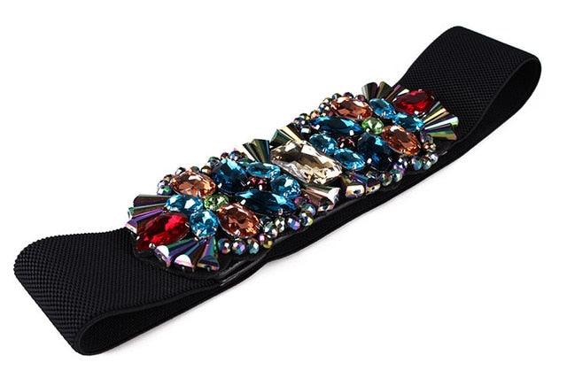 Rhinestone Elastic Waist Band Colorful Crystal Bead Belt - TeresaCollections