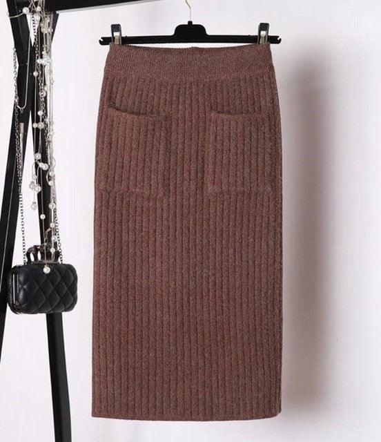 Elegant Ribbed Knitted Pencil Midi Sweater Skirt - TeresaCollections