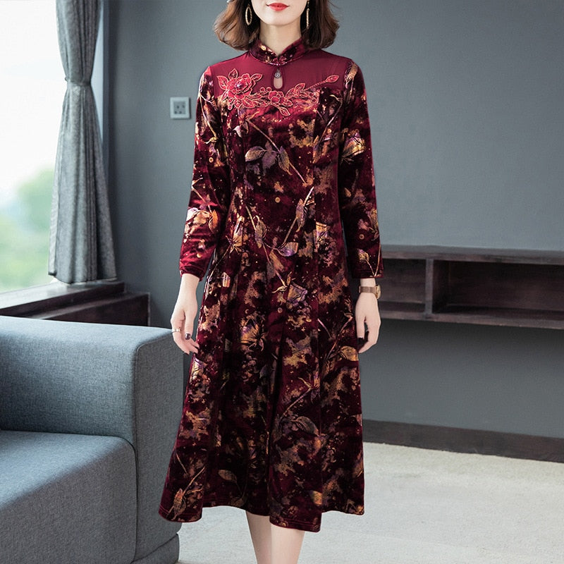 Red Cheongsam Keyhole Velvet Dress Floral Jacquard Vintage Midi Elegant Dress
