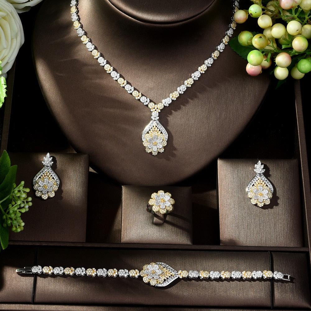 Gold Plated Luxury Cubic Zirconia Necklace Earring Bracelet Party Jewelry Set - TeresaCollections