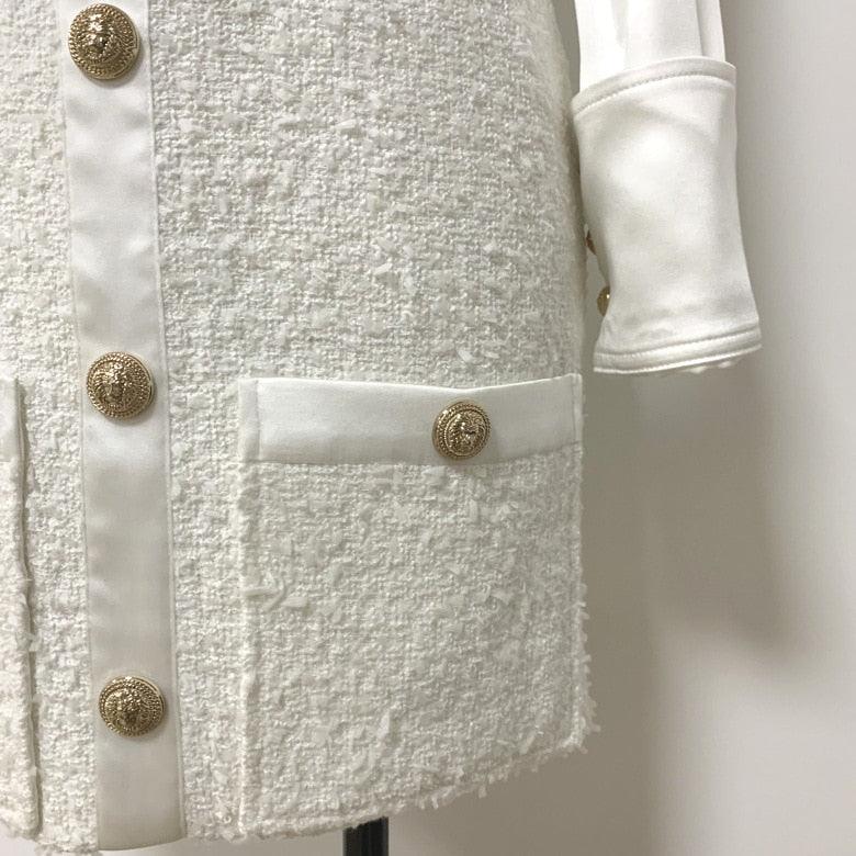 White Long Sleeve Satin Tweed Dress - TeresaCollections