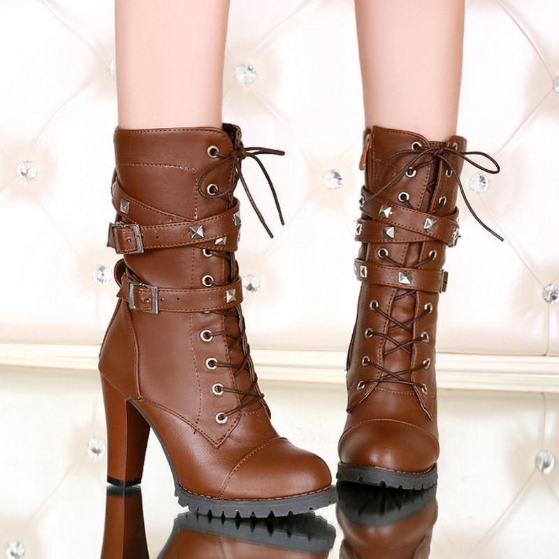 Buckle Zipper Rivets Lace Up Boots - TeresaCollections
