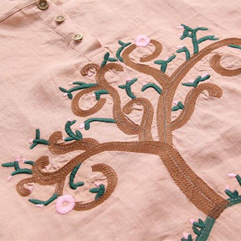 Retro Linen Embroidery Tree Pattern Loose Casual Summer Blouse