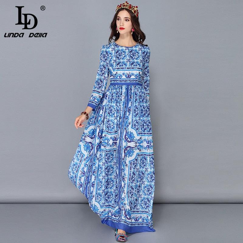 Blue and  white Long Sleeve Vintage Casual Chiffon Printed Long Dress - TeresaCollections