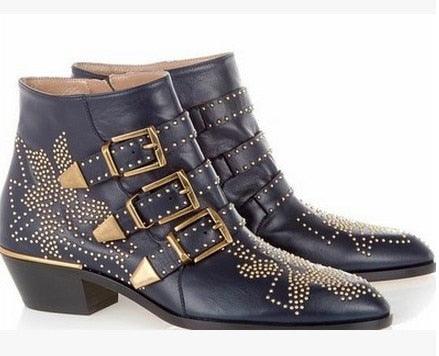 Round Toe Rivet Flower Boots Genuine Leather Ankle Boots - TeresaCollections