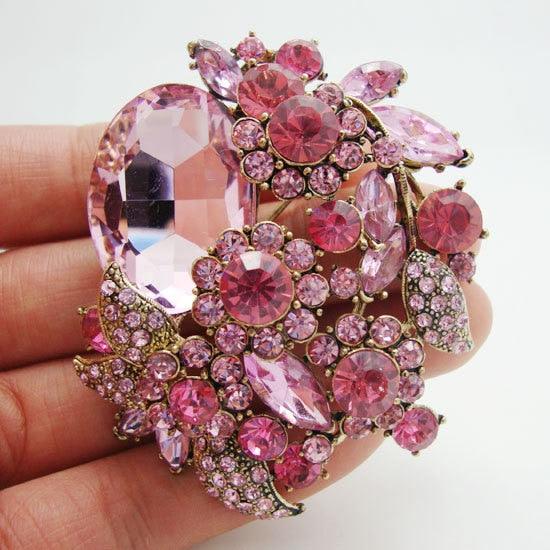 New Fashion Pretty Pink Flower Leaf Pendant Brooch Pin Rhinestone Crystal - TeresaCollections